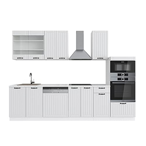Vicco Küchenzeile Fame-Line, Weiß Landhaus/Weiß, 300 cm mit Hochschrank, ohne Arbeitsplatte