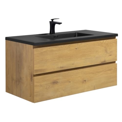 Badezimmer Badmöbel Set Angela 100 cm - Schwarzes Waschbecken - Eiche - Unterschrank Schrank Waschbecken Waschtisch