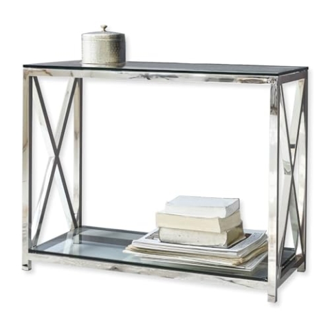 Loberon Konsole Dartford, Geringe Tiefe, Modernes Design, Hochglänzender Rahmen, Puristischer Look, Konsolentisch, Edelstahl, Glas, Silber/klar