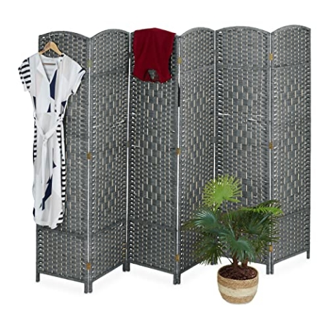 Relaxdays Paravent, 6-teilig, Raumtrenner faltbar, HxB 170x241 cm, Sichtschutz innen, Holz, Papierseil, Trennwand, grau