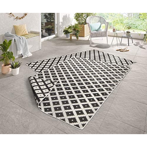 NORTHRUGS In- und Outdoor Teppich Nizza 200x290cm - Wendeteppich Wetterfest Modernes Geometrisches Muster für Balkon Terrasse Garten Wintergarten Küche Wohnzimmerteppich Wasserfest in Schwarz Creme