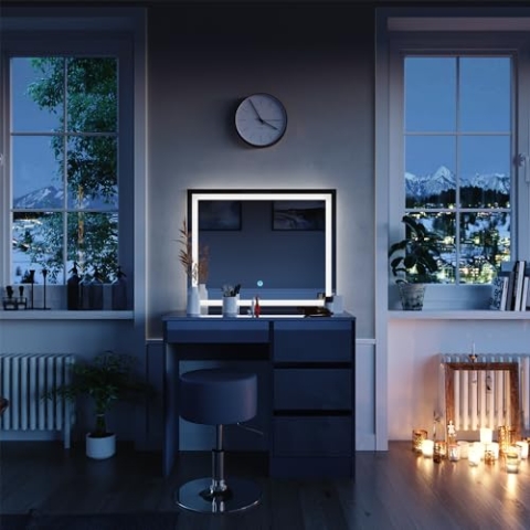 Vicco Schminktisch Sherry, Anthrazit Hochglanz, 90 cm mit LED Spiegel und Hocker