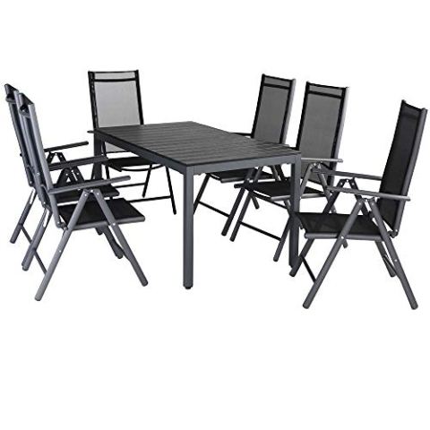 Casaria® Gartenmöbel Set 6 Stühle mit WPC Tisch 140x80cm Aluminium Sicherheitsglas Wetterfest Klappbar Modern Terrasse Balkon Möbel Sitzgruppe Garnitur Bern