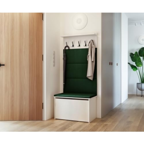 KOBI Andy Dielenset mit Sitz | Kleiderbügel + Box | Polsterplatten | Garderobe für den Flur | (Dunkelgrün)