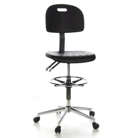 hjh OFFICE 665060 Arbeitsstuhl TOP Work 23 Hartschaum Schwarz/Chrom Arbeitshocker mit Lehne & Rollen, höhenverstellbar