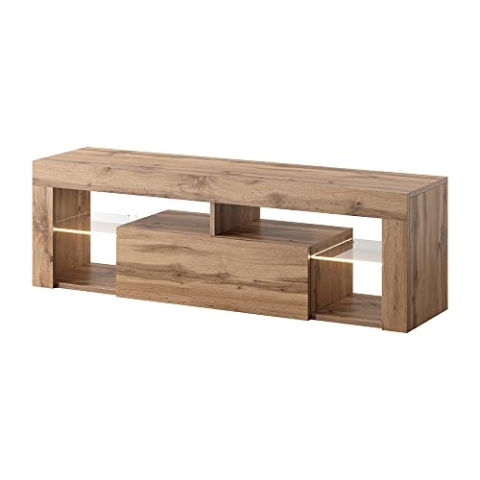 Selsey BIANKO – TV-Lowboard/Fernsehschrank Stehend Holzoptik Eiche Lancaster mit Klapptür 140 cm (mit LED, Holzoptik Eiche Lancaster)