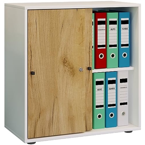 VCM Büroschrank mit 2 Fächern | moderner Aktenschrank mit Schiebetüren | Maße ca. B. 70 x H. 73 x T. 37 cm – Lona 2-Fach Weiß/Honig-Eiche