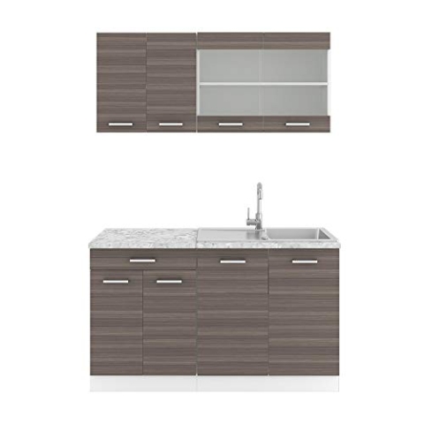 Vicco Singleküche R-Line, Küchenzeile Single, Edelgrau/Weiß, 140 cm, AP Marmor