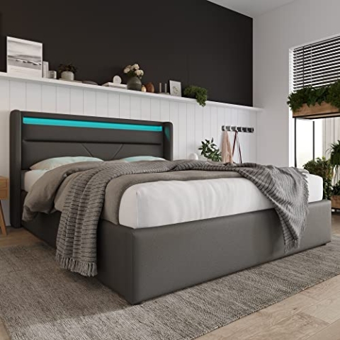 OKYION Boxspringbett Hydraulisches 160 x 200 cm mit LED-Beleuchtung, Polsterbett Doppelbett Stauraumbett mit Bettkasten Stauraum, PU Grau(Ohne Matratze)