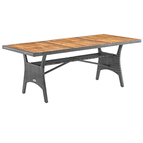 Casaria® Polyrattan Gartentisch Ablage FSC®- zertifiziertes Akazienholz 190x90cm Höhenverstellbar Wetterfest Garten Terrasse Balkon Esstisch Tisch Grau