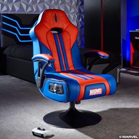 X-Rocker Offizieller Marvel Spider-Man Gaming-Stuhl, faltbarer Audio-Sockel mit kabellosen Bluetooth 2.1-Lautsprechern, geräuschreaktiver Vibration, Gaming-Sitz für Kinder und Junioren – Elite Edition