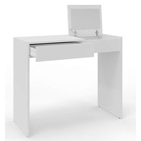 MATKAM Opera Schminktisch H 78 x B 96 x T 40 cm, mit ausklappbarem Spiegel H 21 x B 34 cm mit Gasdruckfeder Metallscharniere, Ablage für Kosmetika, 1 Schublade, aus laminierter Holzspanplatte. (Weiß)