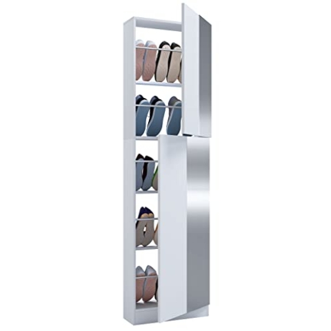 VCM Holz Schuhschrank | Maße: H. 180 x B. 50 x T. 17 cm | 2 Drehtüren z. T. mit Spiegel Versehen - Fulisa XL Spiegel Weiß