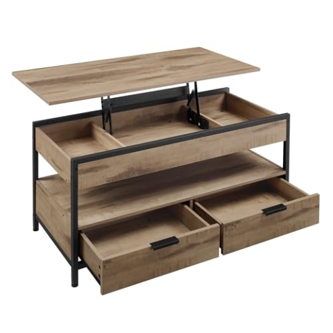 VASAGLE Couchtisch, höhenverstellbarer Wohnzimmertisch, Kaffeetisch, mit Schubladen, offenes Fach, 50 x 100 cm, Kamelbraun-tintenschwarz LCT209K02