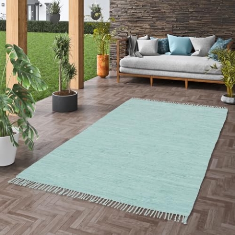 Pergamon Baumwolle Natur Teppich Flachgewebe Handgewebt Jolly Cotton Blau in 6 Größen