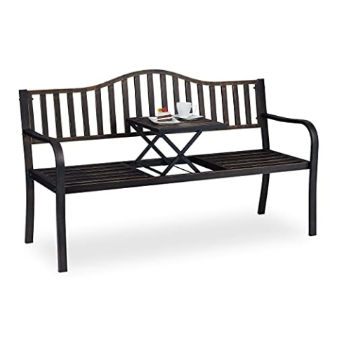 Relaxdays Gartenbank mit klappbarem Tisch, 3-Sitzer, Garten, Metall Balkonbank, HBT 89 x 150 x 58,5 cm, schwarz-Bronze
