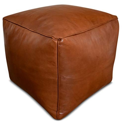 See the Good Quadratischer Leder Pouf - Handgefertigt - gefüllt geliefert - Ottoman, Sitzsack, Fußhocker (Karamellbraun)
