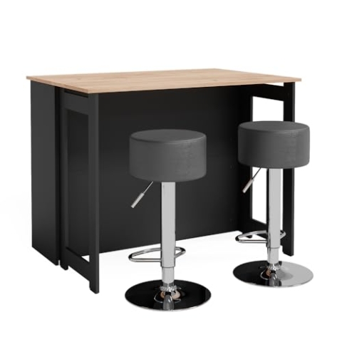 Vicco Bartisch-Set Dominic, Goldkraft Eiche/Anthrazit, 116 x 37 cm mit 2 Barhockern