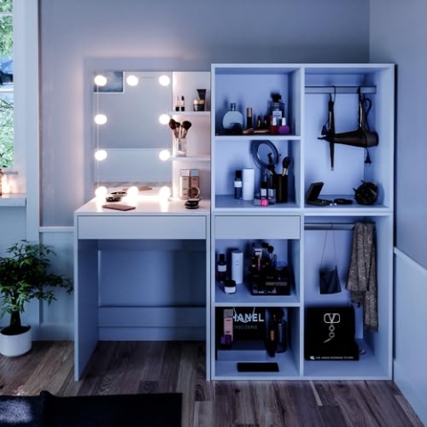 Vicco Schminktisch Isabelle, Weiß, 140 cm mit LED Beleuchtung und Schränken