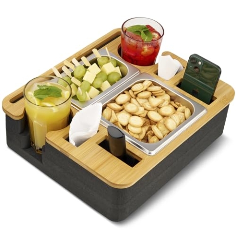VALU Couch Organizer - aus Bambus mit Zwei Snackschalen, Organizer, Flaschenhalter für Tassen und Gläser - Couch bar, Sofa Tablett Snackbar, Snackbox