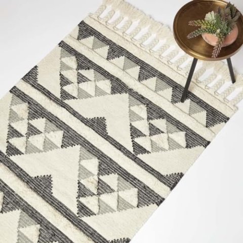 Homescapes Kota Kelim Teppich schwarz-grau-Creme 90x150 cm, Fransen-Teppich handgewebt aus Wolle