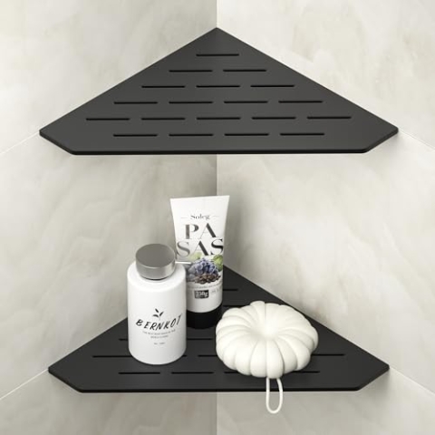 Bernkot Eckdusche Regal 304 Edelstahl-Pentagonal Heavy Duty-Sich hin- und Herbewegende Eckscheren-Schlitz-Design-vertieftes Badezimmer-Regal für Geflieste Wand 2-Pack, kein Bohren, Schwarz