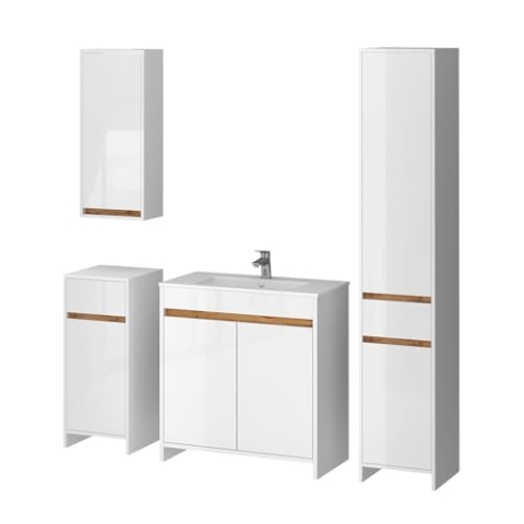 Vicco Badmöbel-Set Lemgo, Badezimmerschrank-Set, Weiß Hochglanz, 5er-Set