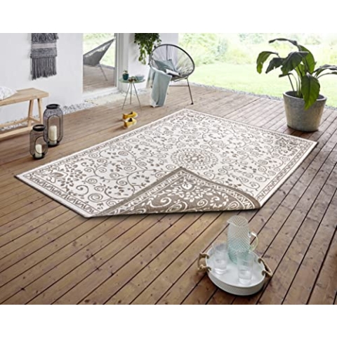 NORTHRUGS In- und Outdoor Teppich Leyte 80x150cm - Wendeteppich Wetterfest Orientalisches Vintage Design Läufer für Balkon Terrasse Garten Wintergarten Wohnzimmerteppich Wasserfest in Linen