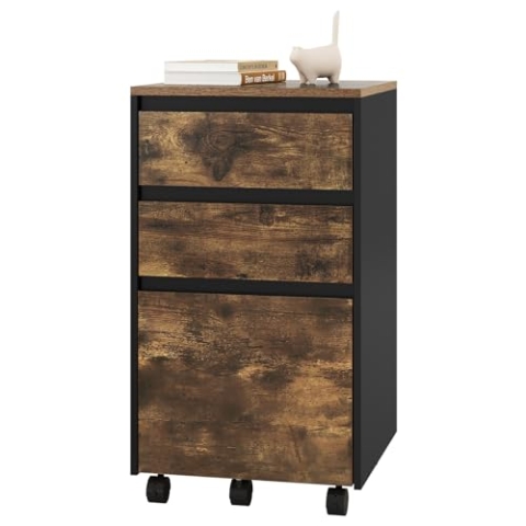 WOLTU mobiler Aktenschrank, Schrank für Aktenordner, Aufbewahrungsschrank im Büro, Büroschrank mit Rollen, Rollcontainer mit 3 Schubladen, Dunkle Eiche Schwarz, 40x70x40 cm, ASK01hov