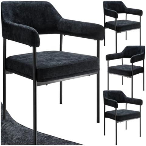 tectake® 4X Stuhl, Küchenstühle modern, 4er Set Stühle mit Armlehne für Esszimmer, Living Room Chairs, Esszimmer und Küche, als Schminkstuhl, Office Chair - Webstoff schwarz/schwarz, 4er Set