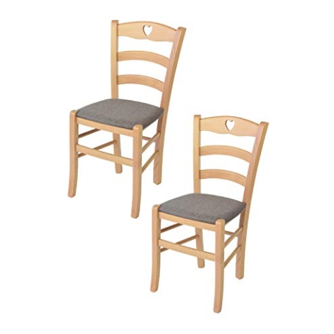 Tommychairs - 2er Set Stühle CUORE für Küche und Esszimmer, Robuste Struktur aus lackiertem Buchenholz im Farbton Naturfarben und gepolsterte Sitzfläche mit Stoff in der Farbe Rehbraun bezogen