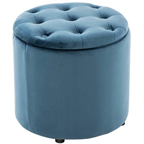 CLP Sitzhocker Pantin Samt I Polsterhocker Mit Stauraum I Gesteppter Hocker Mit Zierknöpfen I Runder Hocker Gepolstert, Farbe:blau