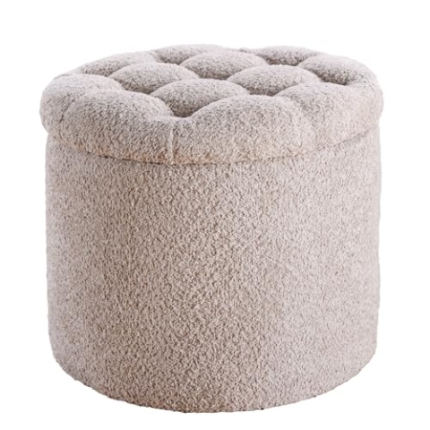 Riess Ambiente Runder Hocker MODERN BAROCK - 50cm - Champagner Bouclé - mit Stauraum - Schminkhocker