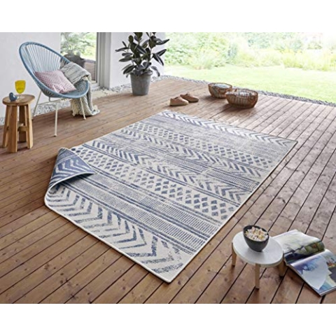 NORTHRUGS In- und Outdoor Teppich Biri 200x290cm - Wendeteppich Wetterfest Boho Style Vintage Design Läufer für Balkon Terrasse Garten Wintergarten Wohnzimmerteppich Wasserfest in Blau Creme