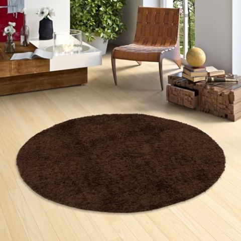 Pergamon Moderner Wohnzimmer Hochflor Langflor Shaggy Teppich Fluffy Rund Dunkelbraun in 3 Größen