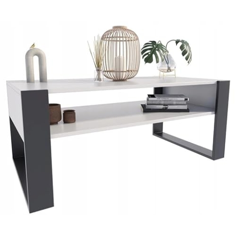 MATKAM Couchtisch KAJA H50 x B120 x T63,6 cm, offenes Regal unter der Arbeitsplatte, praktische Eleganz und Funktionalität, Retro-Loft (Weiß-Schwarz)