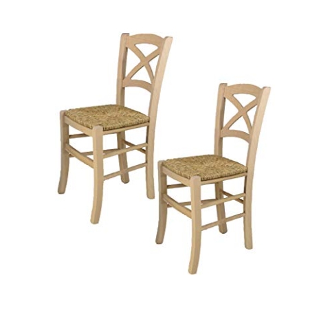 t m c s Tommychairs - 2er Set Stühle Cross für Küche und Esszimmer, robuste Struktur aus poliertem Buchenholz, unbehandelt und 100% natürlich, Sitzfläche aus echtem Stroh
