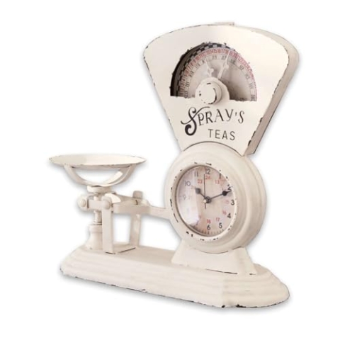 Loberon Uhr Balances, nostalgisches Design, von Einer Alten Waage inspiriert, Vintage-Look, Zeitmesser, Wohn-Accessoire, Eisen, Glas, antikweiß