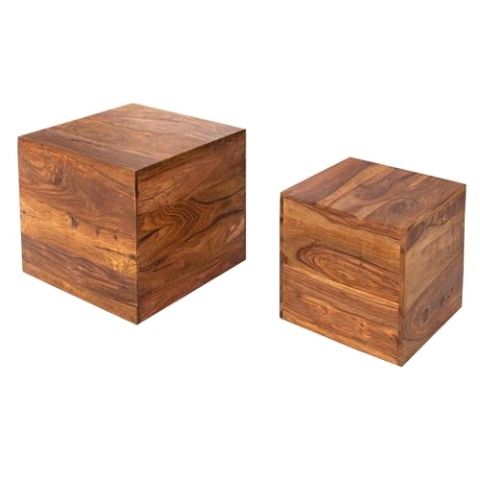 invicta INTERIOR 2er Set Beistelltische Würfel MAKASSAR Sheesham Stone Finish Couchtische Satztische Würfeltische Tischwürfel Holztische Tischset