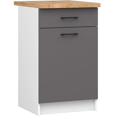 AKORD Küchen-Unterschrank OLIWIA 50 cm | mit 1 Tür und 1 Schublade | Küchenschränke | Geräumig | Für kleine Küche | Für eine Küchenzeile | B50 x H85 x T46 cm | Gewicht 27,40 kg | Weiß & Graphitgrau