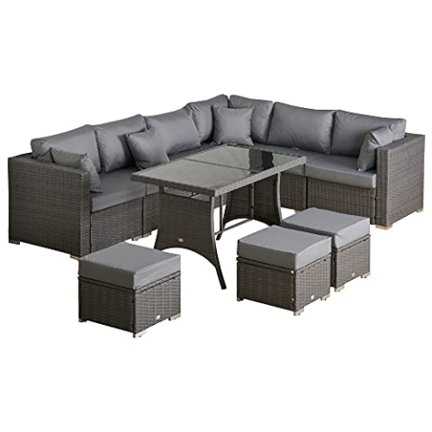 Outsunny 10-TLG. Gartengarnitur, Polyrattan-Sitzgruppe für Garten und Terrasse, modulares Design, mit Sitz- und Rückenkissen, Wurfkissen, rostfreier Metallrahmen, Dunkelgrau