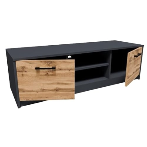 MATKAM Fernsehkommode 2DC H36xB120xT41cm, laminierte Möbelplatte 16 mm, Zwei Ablagen mit Türen Links und rechts, in der Mitte EIN Regalfach, Metallscharniere (Anthrazit Grau-Wotan Eiche)