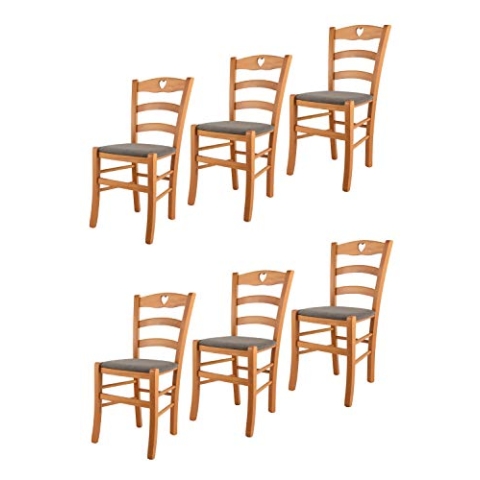 t m c s Tommychairs - 6er Set Stühle Cuore für Küche und Esszimmer, Robuste Struktur aus lackiertem Buchenholz im Farbton Honig und gepolsterte Sitzfläche mit Stoff in der Farbe Rehbraun bezogen
