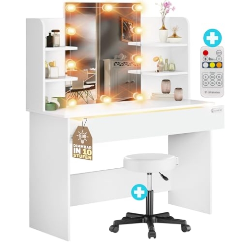 Casaria® Schminktisch mit Spiegel LED-Beleuchtung dimmbar Fernbedienung Schublade mit Beleuchtung Kosmetiktisch Hocker Frisiertisch 110cm breit Weiß