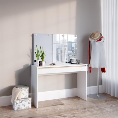 Vicco Schminktisch Emma, Kosmetiktisch mit Spiegel, Weiß, 120 cm mit LED Beleuchtung