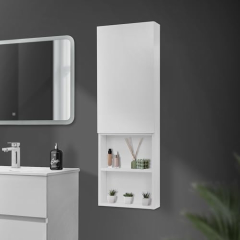ML-Design Hochschrank Weiß, 35x110x14,5 cm, Badschrank hängend mit Tür & offenen Fächern, Badezimmerschrank schmal, Aufbewahrungsschrank für Bad, Hängeschrank 4 Ablagen, Badezimmermöbel Badmöbel Regal