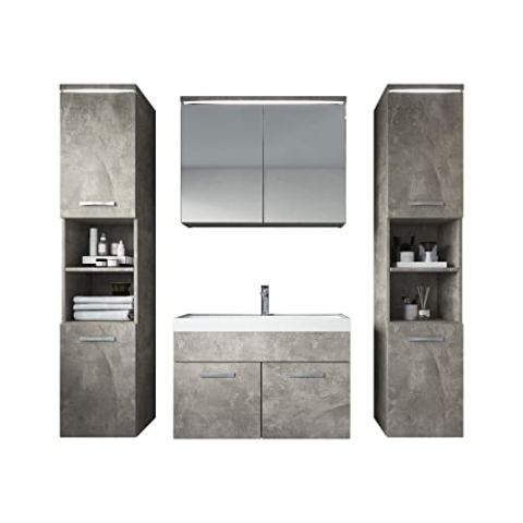 Badezimmer Badmöbel Set Paso XL LED 80cm Waschbecken Beton - Unterschrank 2X Hochschrank Waschbecken Möbel