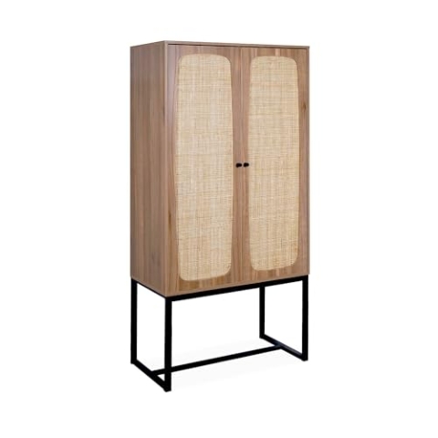 Retro Geschirrschrank mit dunklem Holzdekor und Rohrgeflecht 2 Türen mit schwarzen Metallbeinen - 165 cm - Retro