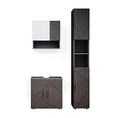 Vicco Badmöbel-Set Irma, Badezimmerschrank-Set, Anthrazit Hochglanz, 3 Teile, mit Hochschrank