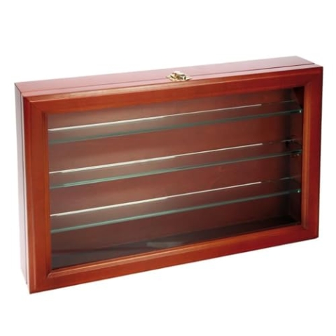 Safe 5929 Holz-Vitrine mit Echt-Glasscheibe und Echt-Glasböden 5 mm | mit 2 Klappschlössern | Fachböden 36 x 4 cm | zum Aufstellen oder Aufhängen I Vitrine 36 x 24 x 7 cm